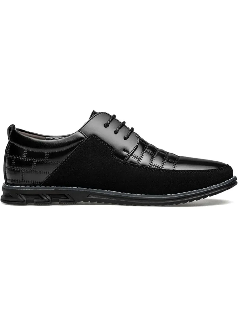 Men's Black Plaid Embossed Grid Leather Comfortable Hybrid Oxford Dress Sneakers